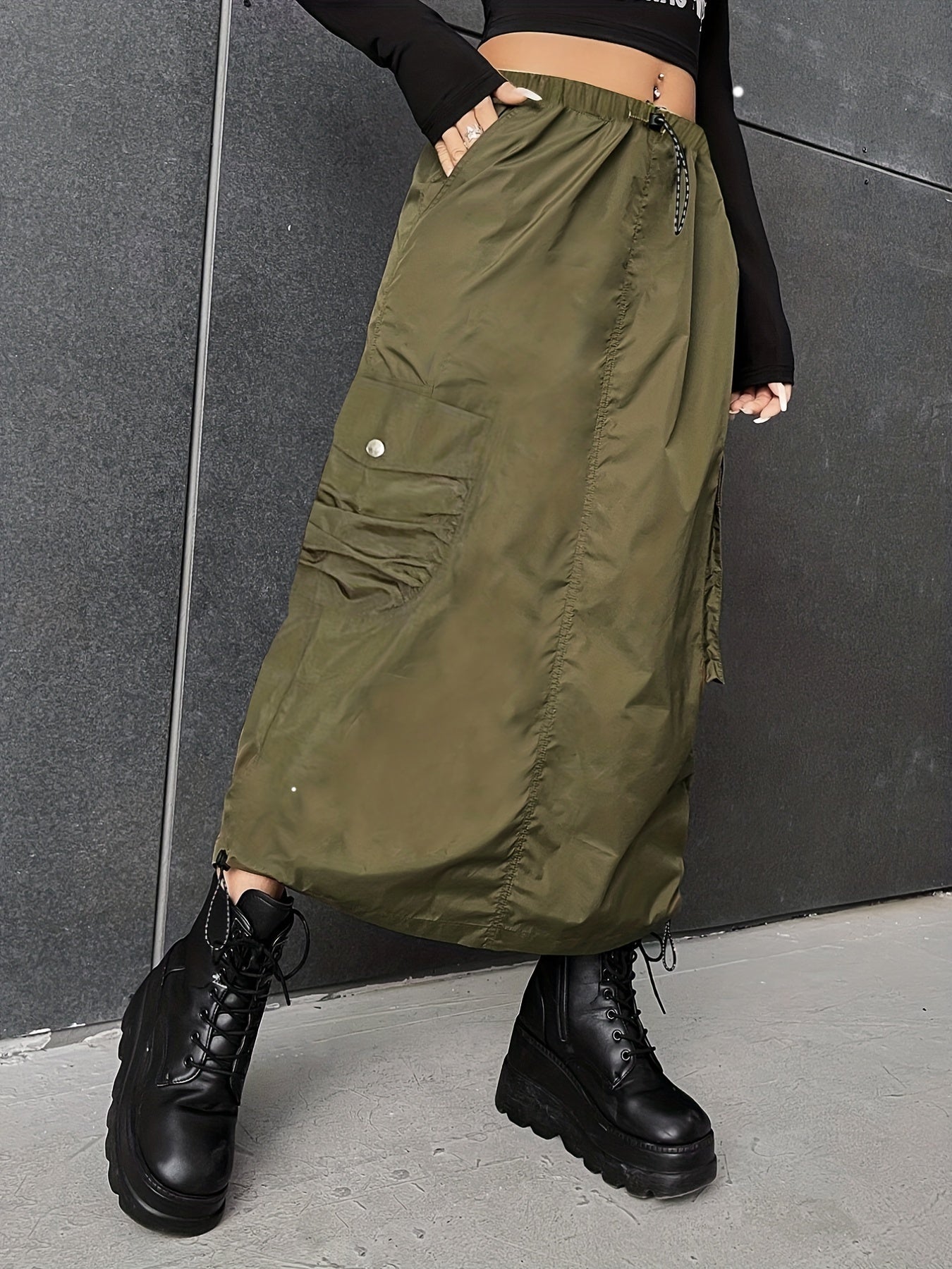 Cargo Skirt High Waist Drawstring Pockets Casual
