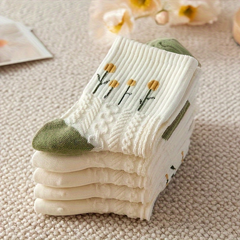5 Pairs Floral Print Socks Women's Mid Tube Stockings
