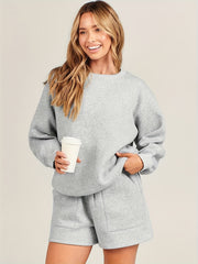 2pcs Sports Suits Crew Neck Sweatshirt & Comfort Shorts Women's Activewear