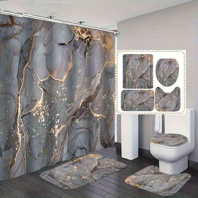 Marble Pattern Bath Rugs & Shower Curtain Set
