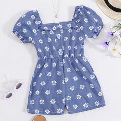 Girls Short Bubble Sleeve Romper Flowers Print Jumpsuit