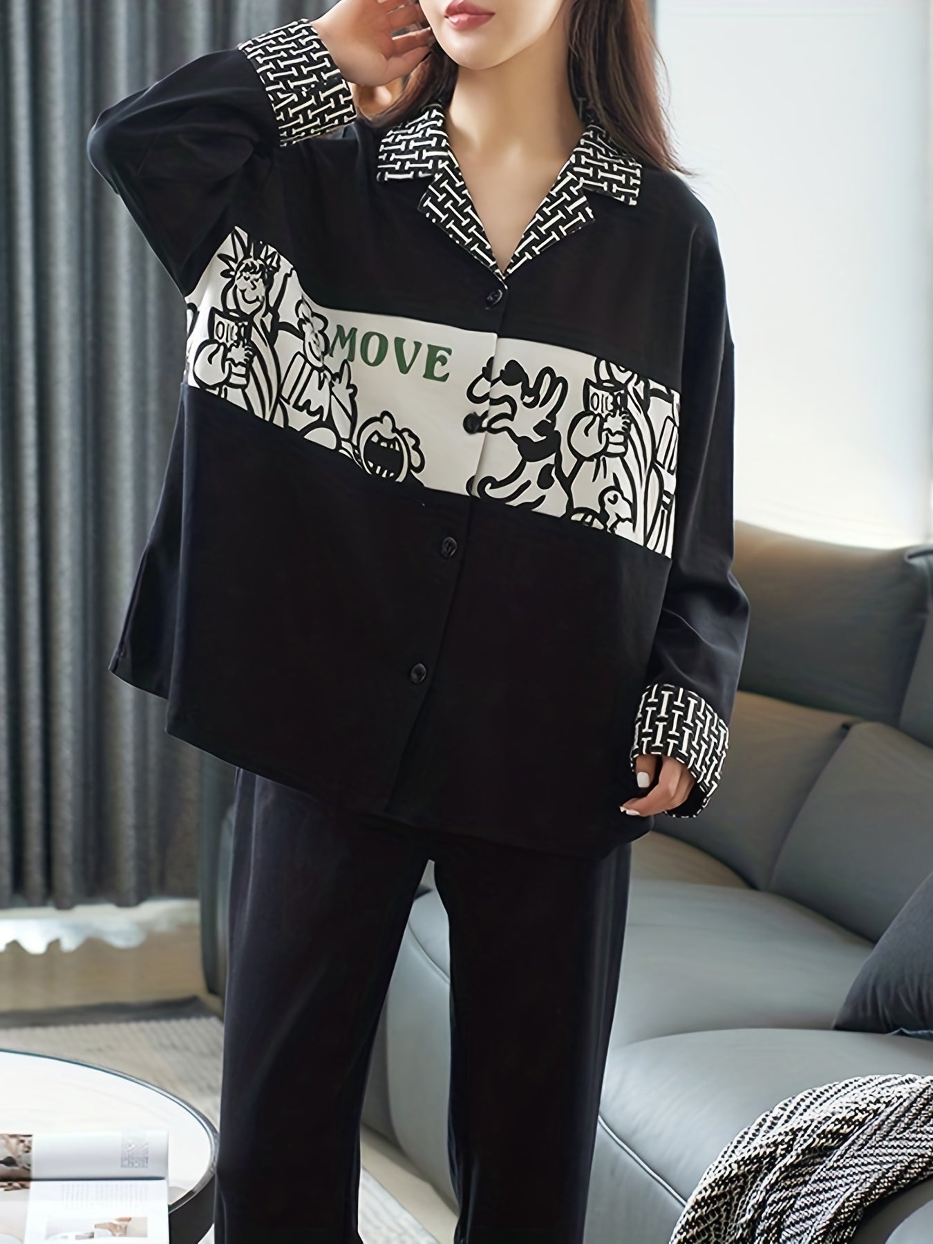 Cartoon Print Lounge Set Long Sleeve Top & Pants