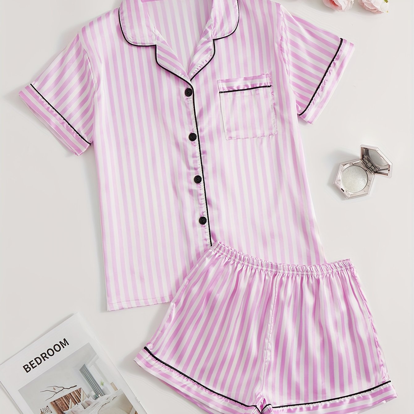 Stripe Print Pajama Set Collared Top & Shorts
