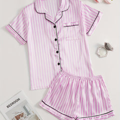 Stripe Print Pajama Set Collared Top & Shorts
