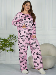 Heart & Letter Print Pajamas Set Long Sleeve Tee & Pants 2 Piece Set