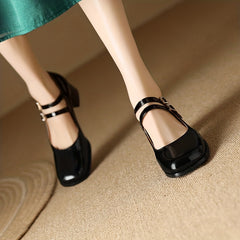 Chunky Heeled Mary Jane Square Toe Double Buckle Strap Mid Heels Patent Leather