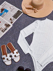 Eyelet Bodysuit Puff Sleeve Slim Fit Mock Neck Bodysuit