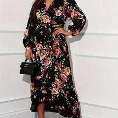 Floral Lantern Sleeve Wrap Dress