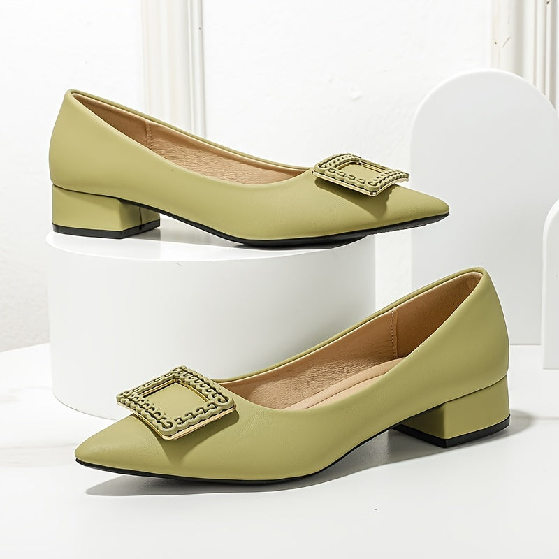 Women's Buckle Decor Slip-On Point Toe Block Heel Shoes