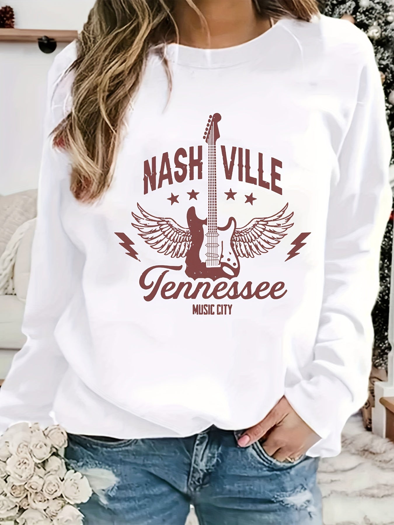 Nashville Print Sweatshirt Long Sleeve Crew Neck Casual Women's Clothing