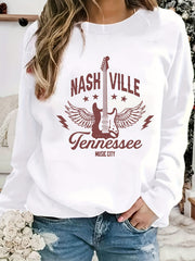 Nashville Print Sweatshirt Long Sleeve Crew Neck Casual Women's Clothing