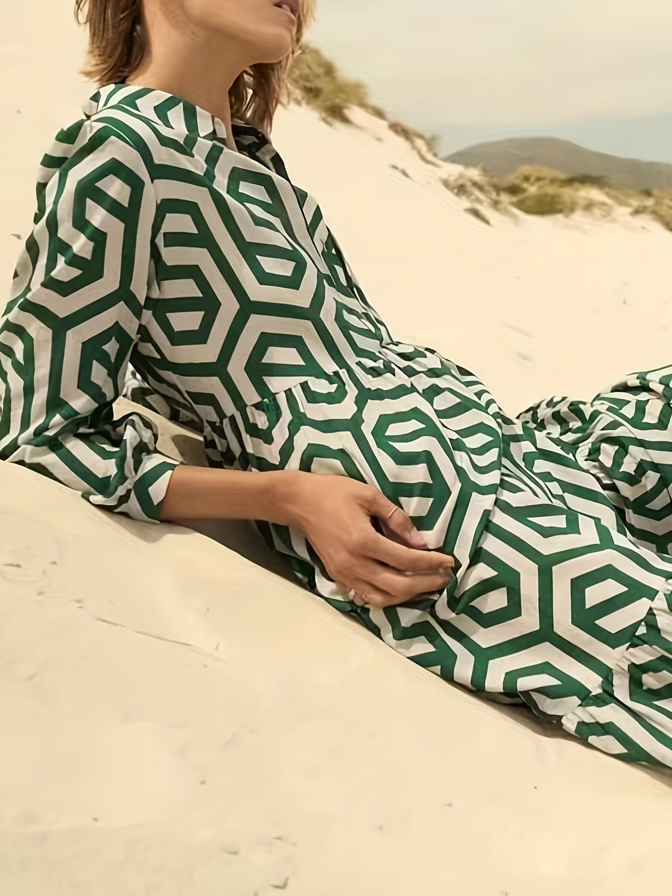 Geometric Print Long Sleeve Maxi Dress