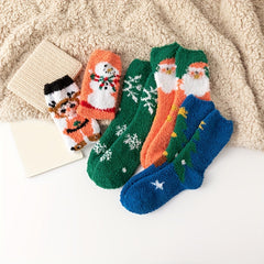 5 Pairs Cartoon Fuzzy Socks Warm Christmas Mid Tube Stockings