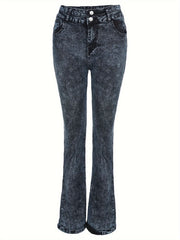 Plus Solid Distressed Button Fly High Rise Bootcut Jeans