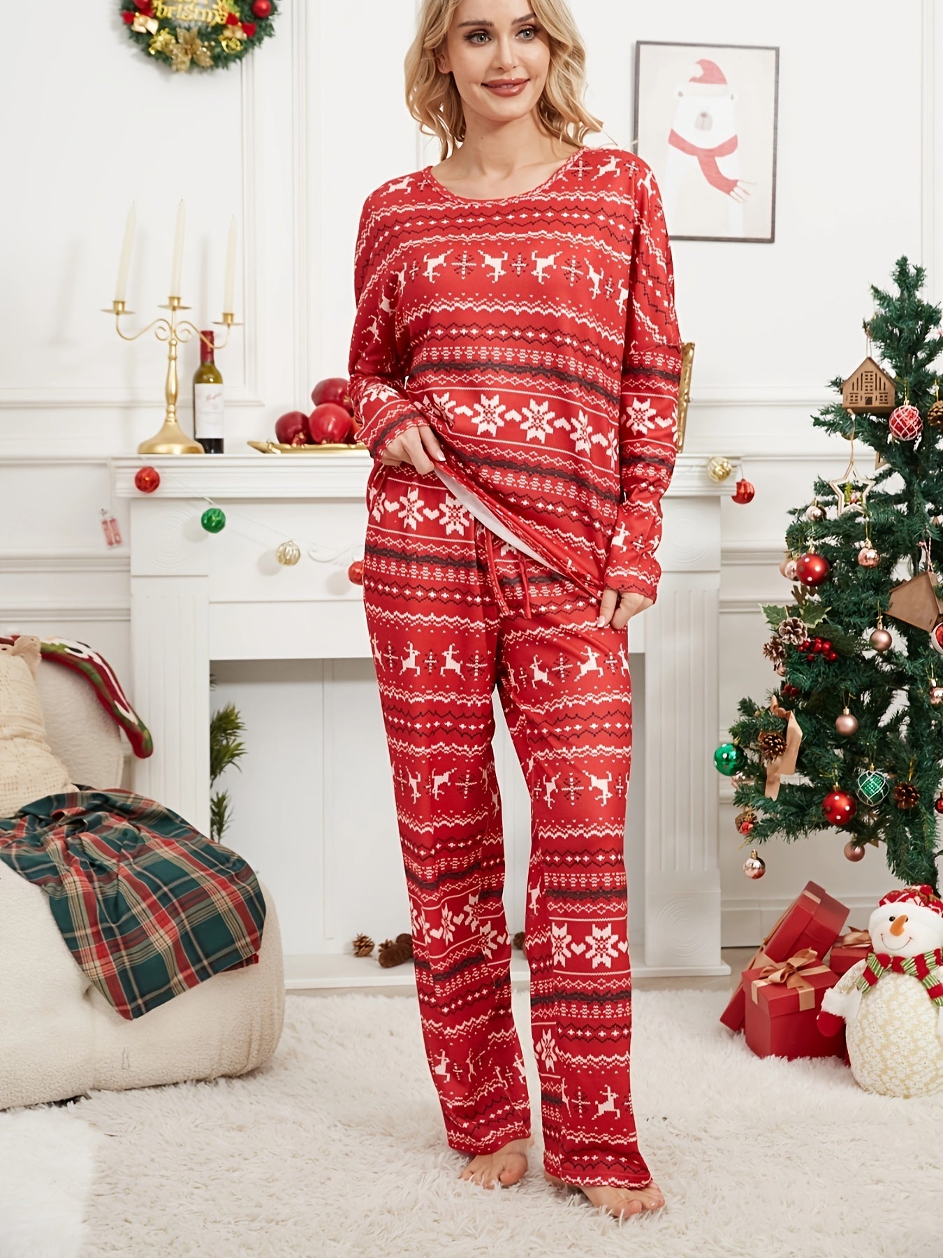 Christmas Outfits Set Women's Plus Allover Print Long Sleeve Round Nec