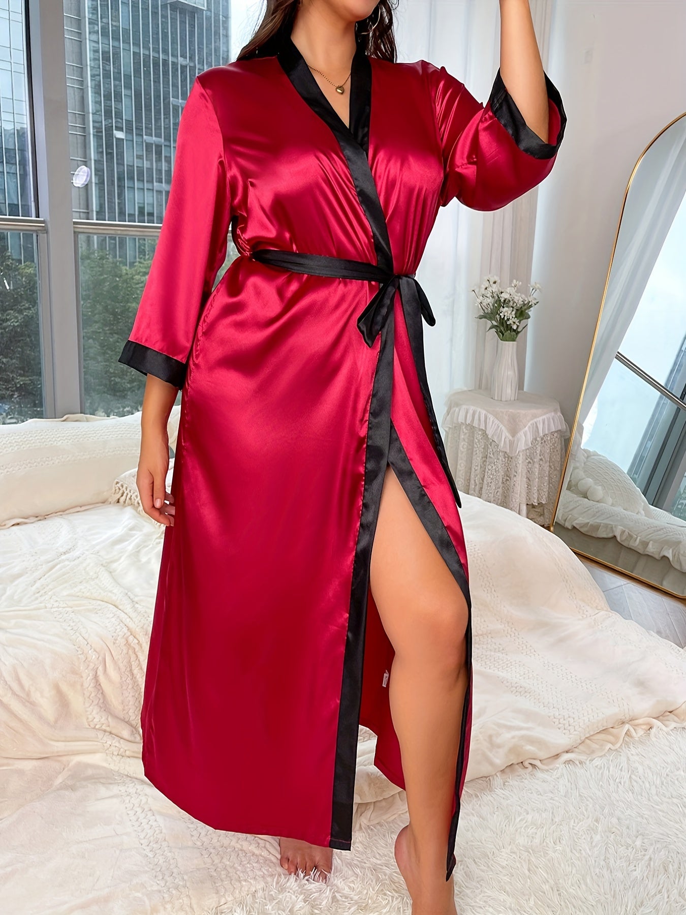 Colorblock Satin Nightgown V-Neck Robe with Belt