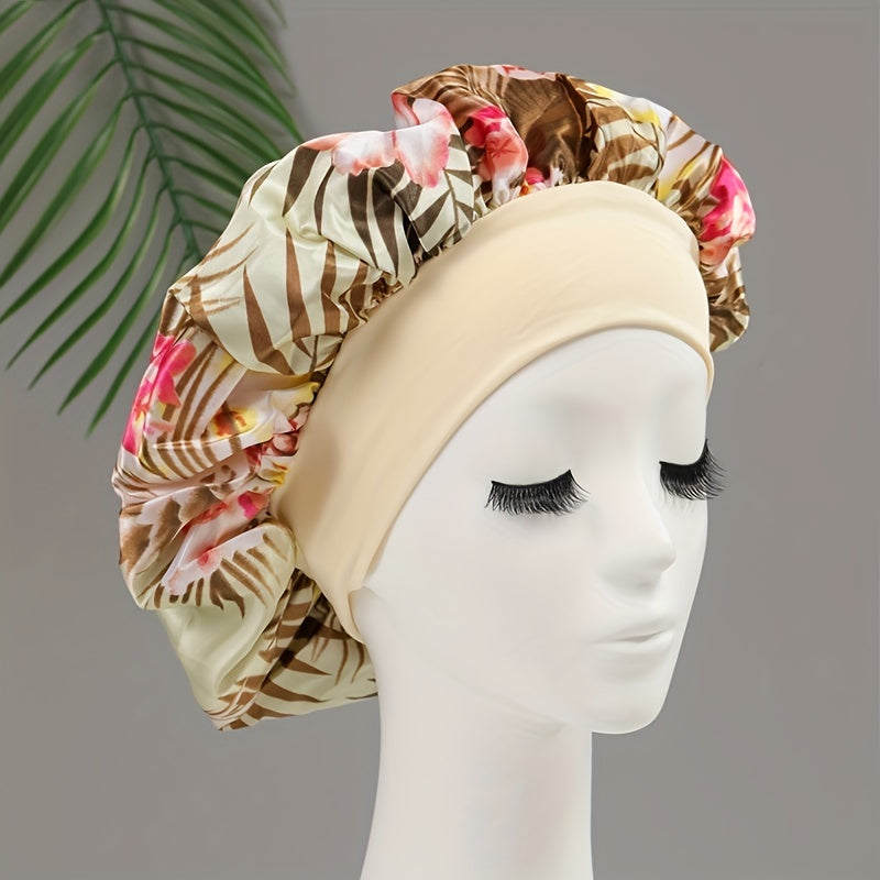 Flower Print Satin Bonnet Silk Hair Bonnet Lightweight Elastic Soft Sleep Cap