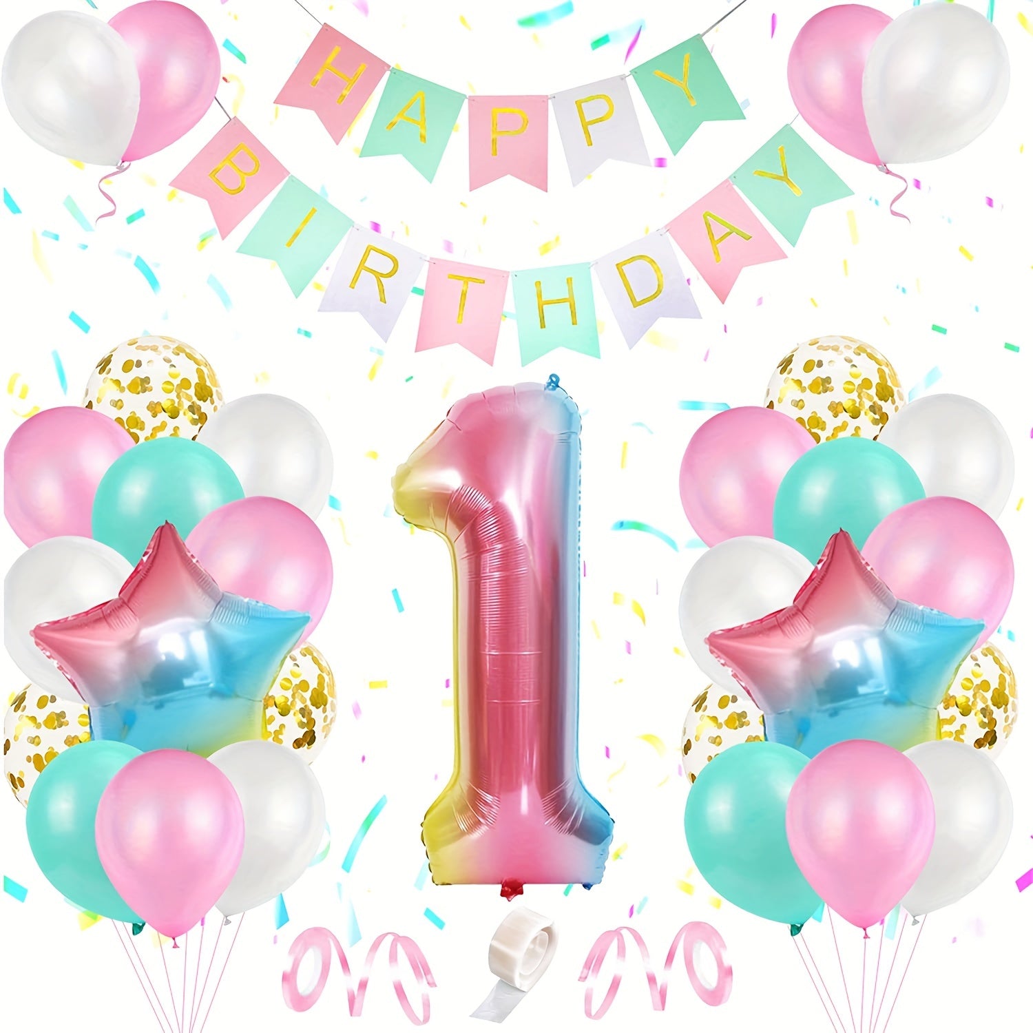 1st Birthday Balloon Decoration Set with Happy Birthday Banner and Foil Balloons