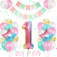 1st Birthday Balloon Decoration Set with Happy Birthday Banner and Foil Balloons