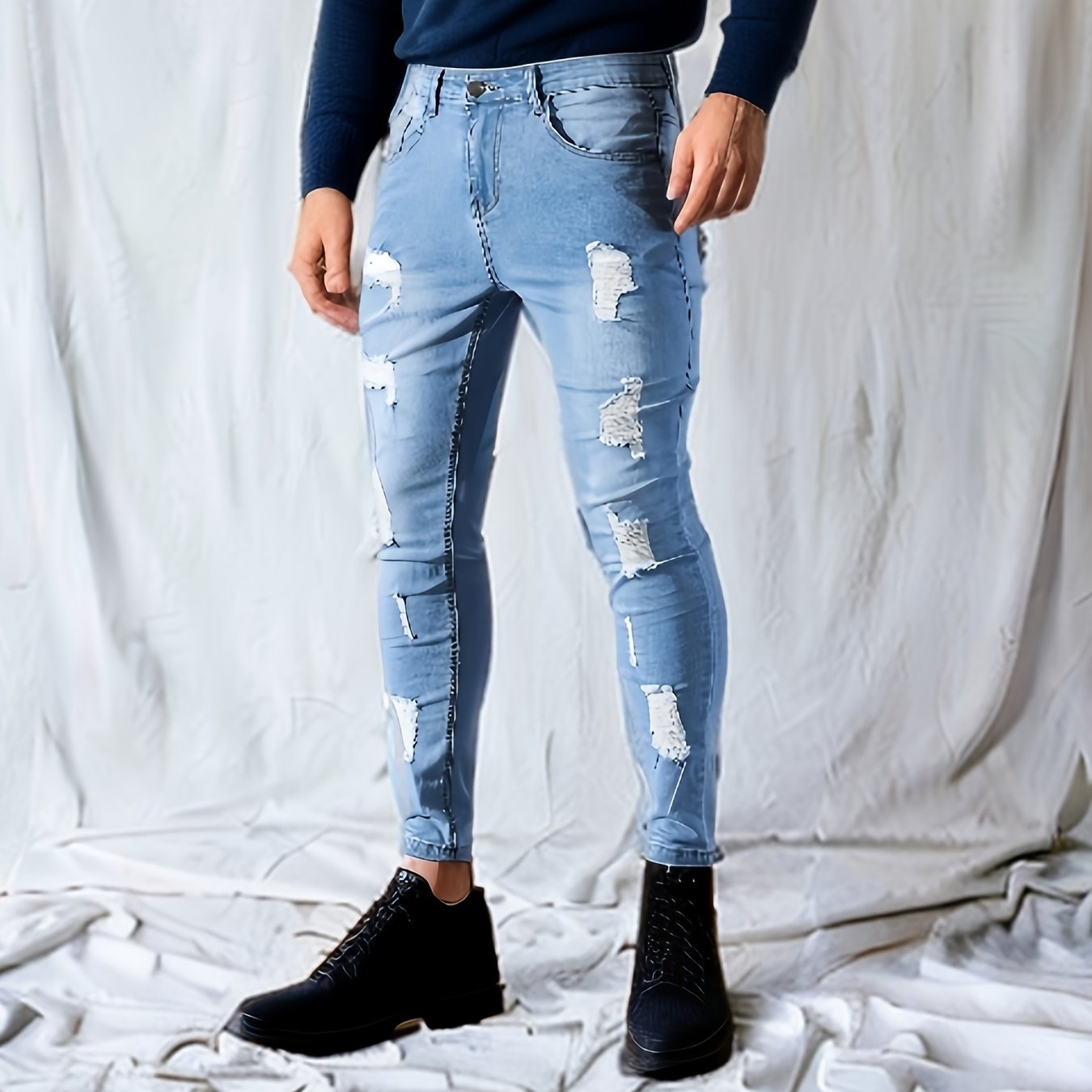 Men's Ripped Skinny Jeans Casual Street Style High Stretch Denim Pants