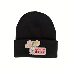 Daisy Embroidery Patch Beanie Knit Hat Windproof Warm Skull Cap