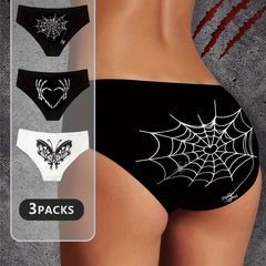 3pcs Skull & Spider Web Print Briefs Halloween Panties Women's Lingerie