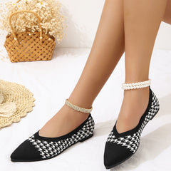 Women's Houndstooth Knit Flat Shoes Pointed Toe Slip-On Ballet Flats