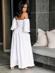 Off Shoulder Solid Jumpsuit Puff Sleeve Wide Leg Women's Clothing