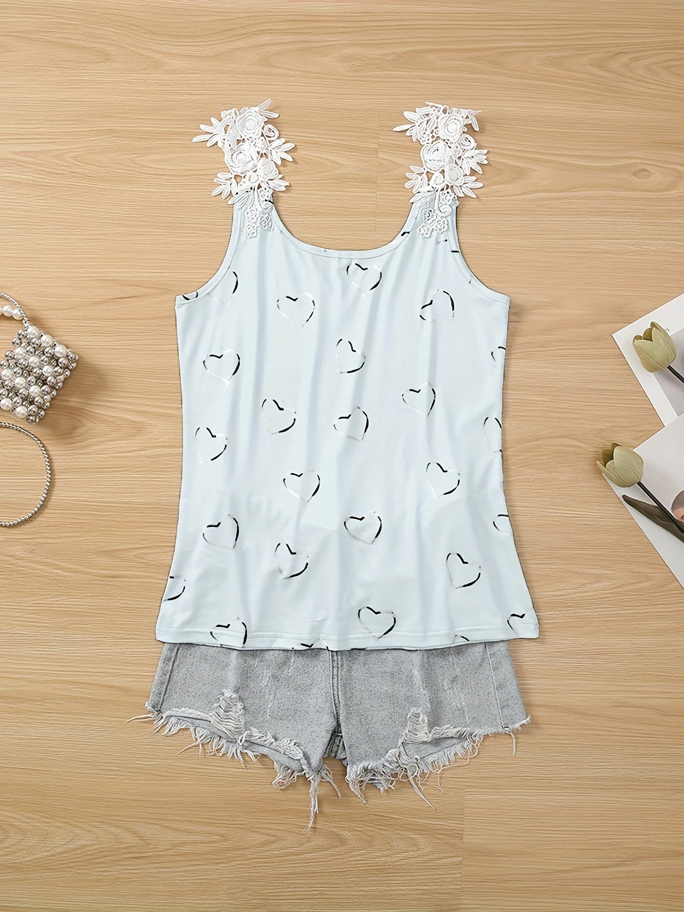 Heart Print Lace Strap Tank Top Sexy V Neck Sleeveless Summer Women's Top
