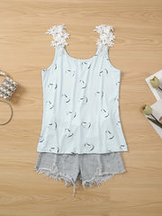 Heart Print Lace Strap Tank Top Sexy V Neck Sleeveless Summer Women's Top