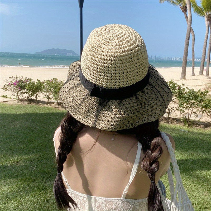 Mesh Straw Sun Hat Crochet Breathable Bucket Hat Wide Brim Foldable