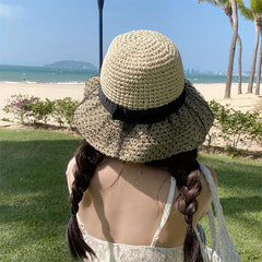 Mesh Straw Sun Hat Crochet Breathable Bucket Hat Wide Brim Foldable