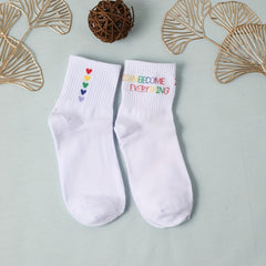 2 Pairs Letter & Heart Print Socks Breathable Mid Tube Women's Stockings