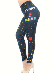 Casual Leggings Women's Plus Pixel Monster & Fruit Print Leggings