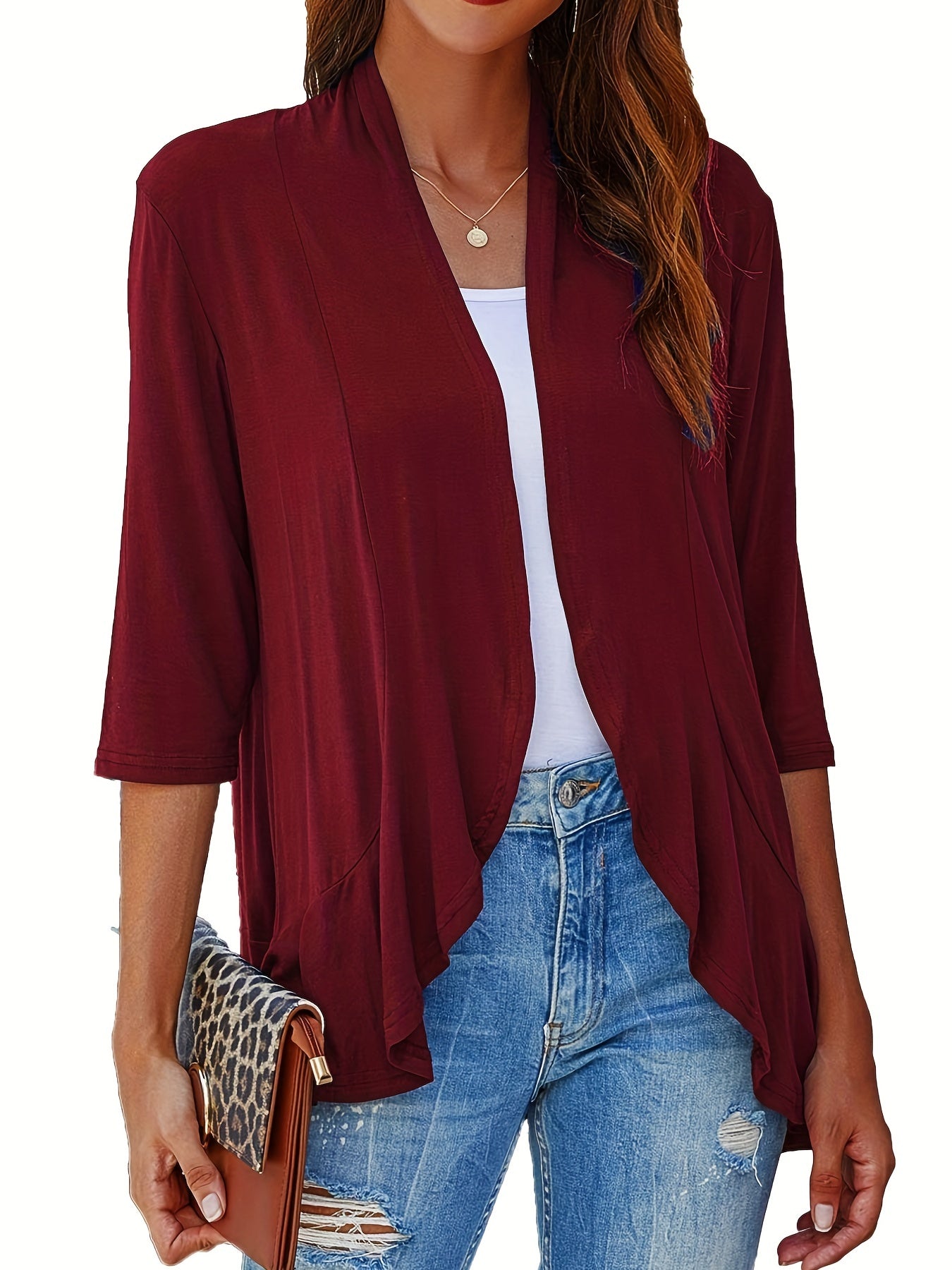 Casual Cardigan Women's Plus Solid Three Quarter Sleeve Ruffle Trim