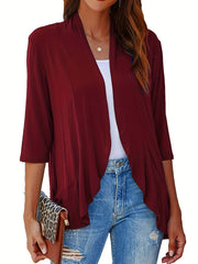 Casual Cardigan Women's Plus Solid Three Quarter Sleeve Ruffle Trim