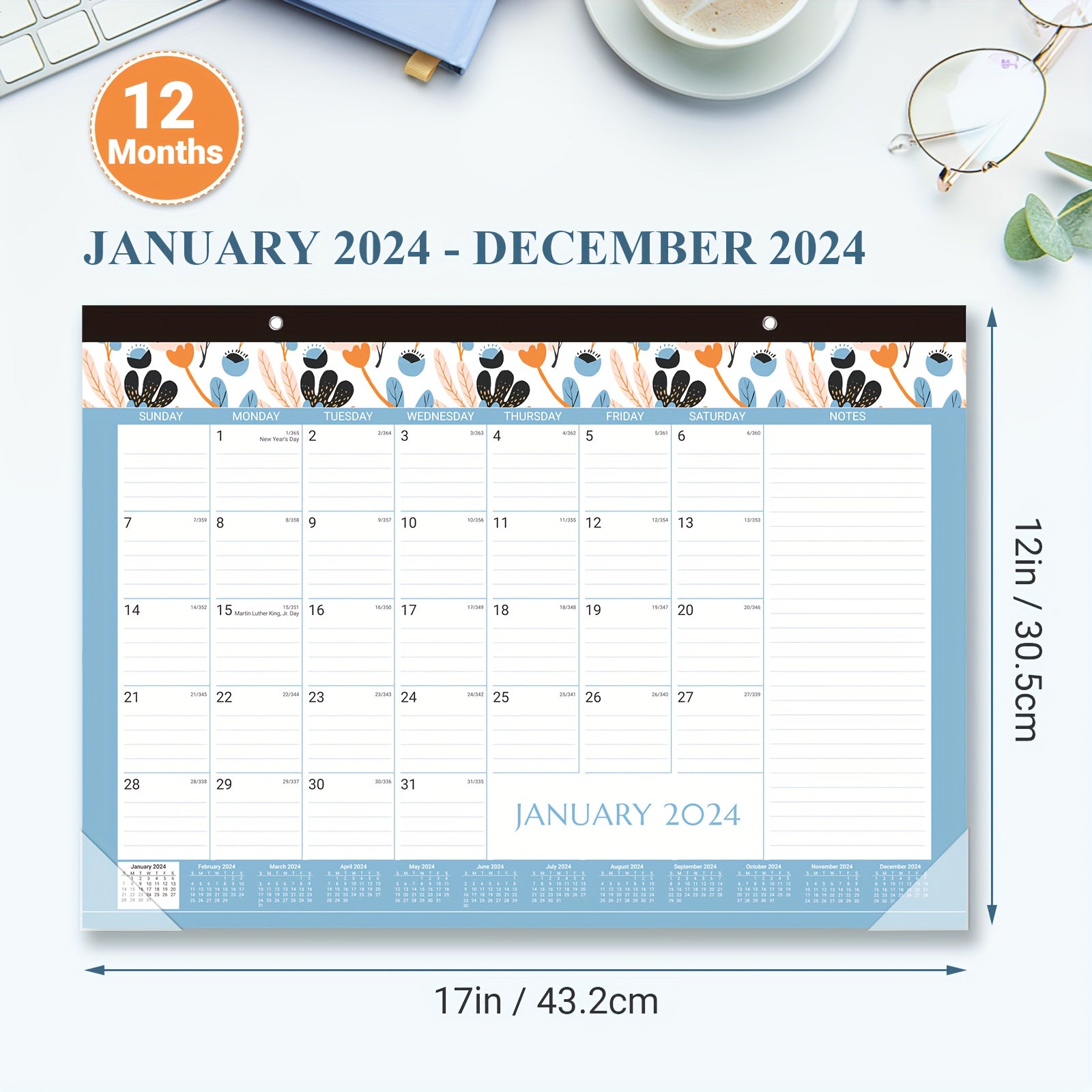 2022 Monthly Wall Calendar 12-Month Jan - Dec 43x30 Twin Wire Hanging Hook