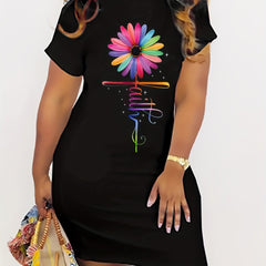 Colorful Art Letter & Sunflower Print High Stretch Dress
