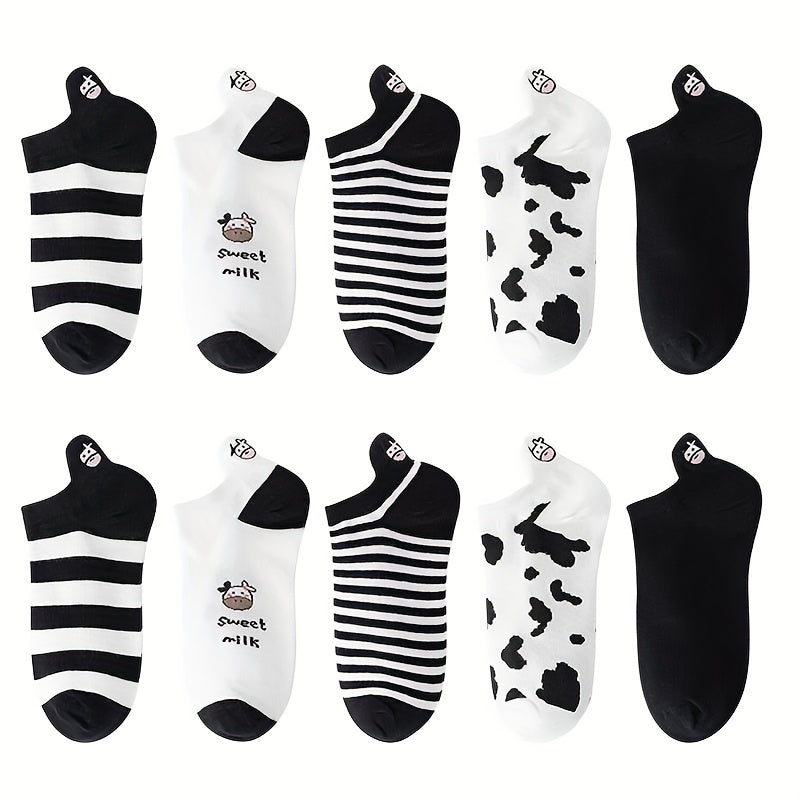 10 Pairs Cartoon Cow Print & Striped Ankle Socks Women's Stockings