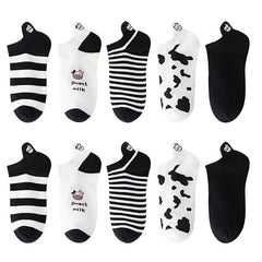 10 Pairs Cartoon Cow Print & Striped Ankle Socks Women's Stockings
