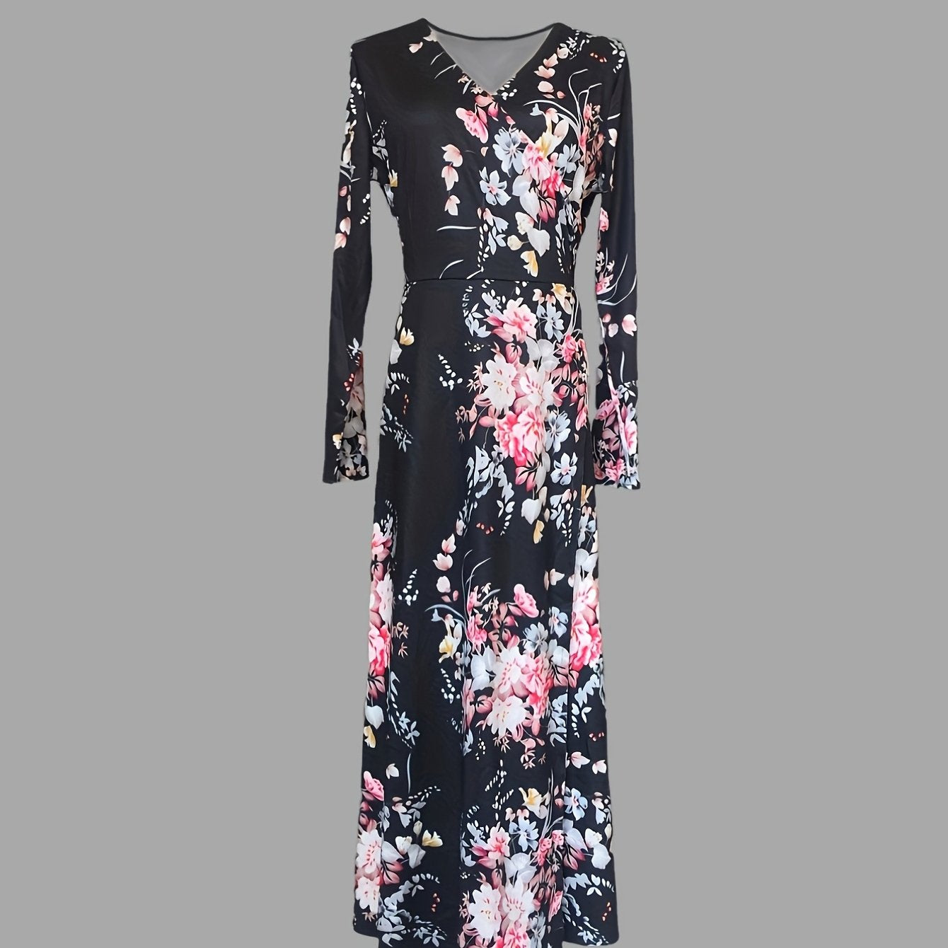 Floral Print V Neck Dress Vintage Long Sleeve Dress Women's Clothing