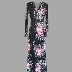 Floral Print V Neck Dress Vintage Long Sleeve Dress Women's Clothing