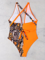 Colorblock Snake Print Criss Cross Deep V Neck Belted Swimsuit