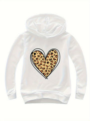 Leopard Print Heart Pattern Hooded Sweatshirt for Girls Sports