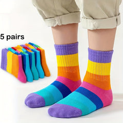 Girl's Rainbow Striped Knitted Crew Socks for Outdoor Wear