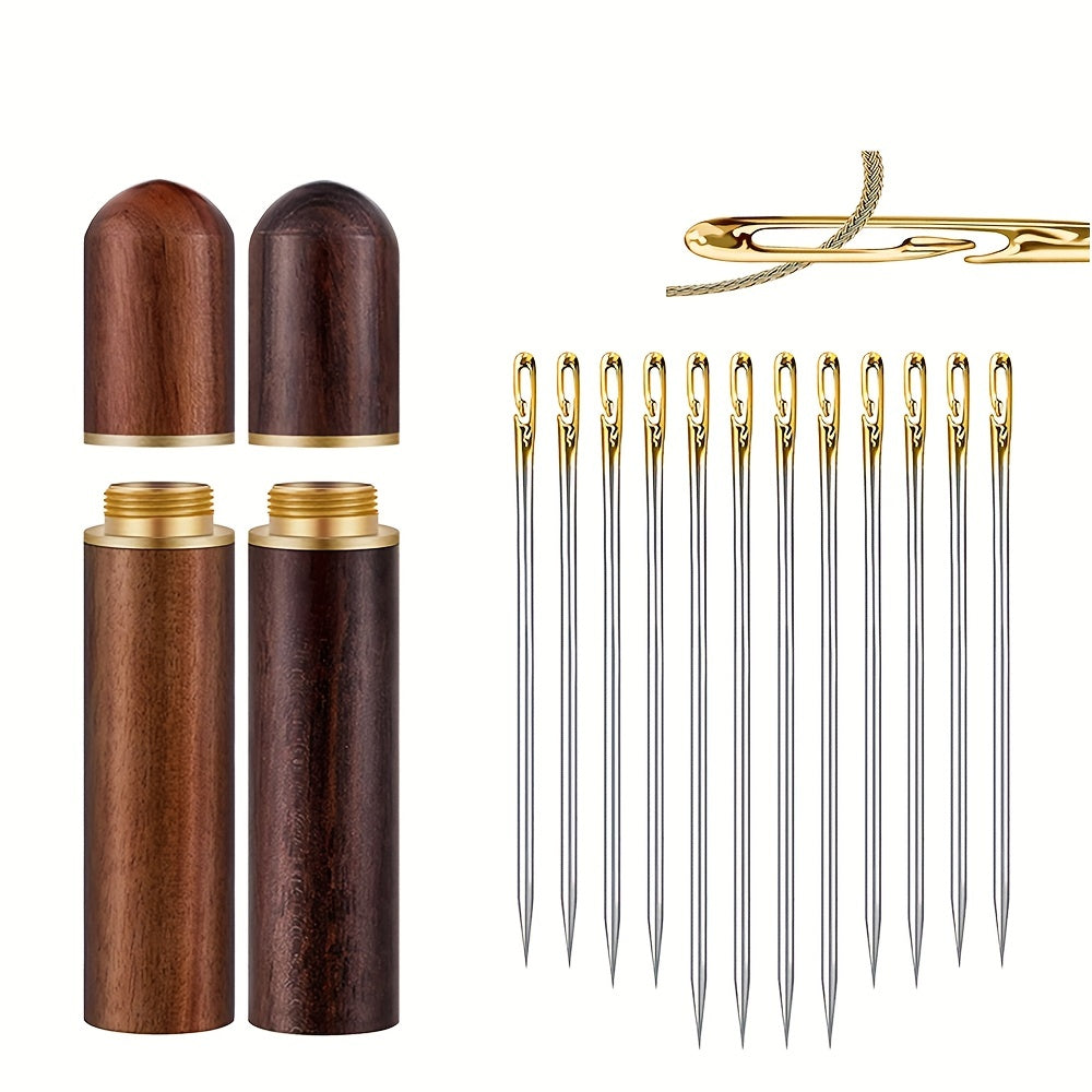 12pcs Self Threading Needles & Wooden Case Set for Sewing Embroidery