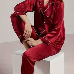 Solid Satin Lounge Set Long Sleeve Top & Pants Women's Loungewear