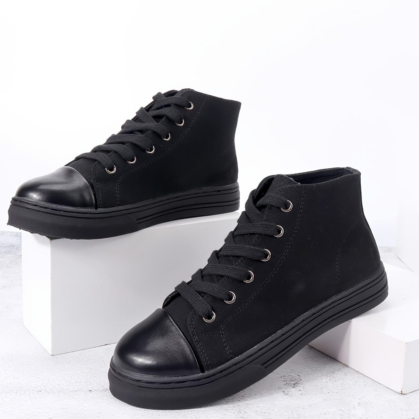 Women's Casual Mid Top Canvas Lace-up Shoes Round Toe