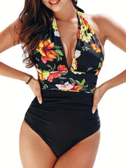 Vacay Swimsuit Women's Plus Floral Print Halter One Piece Bathing Suit