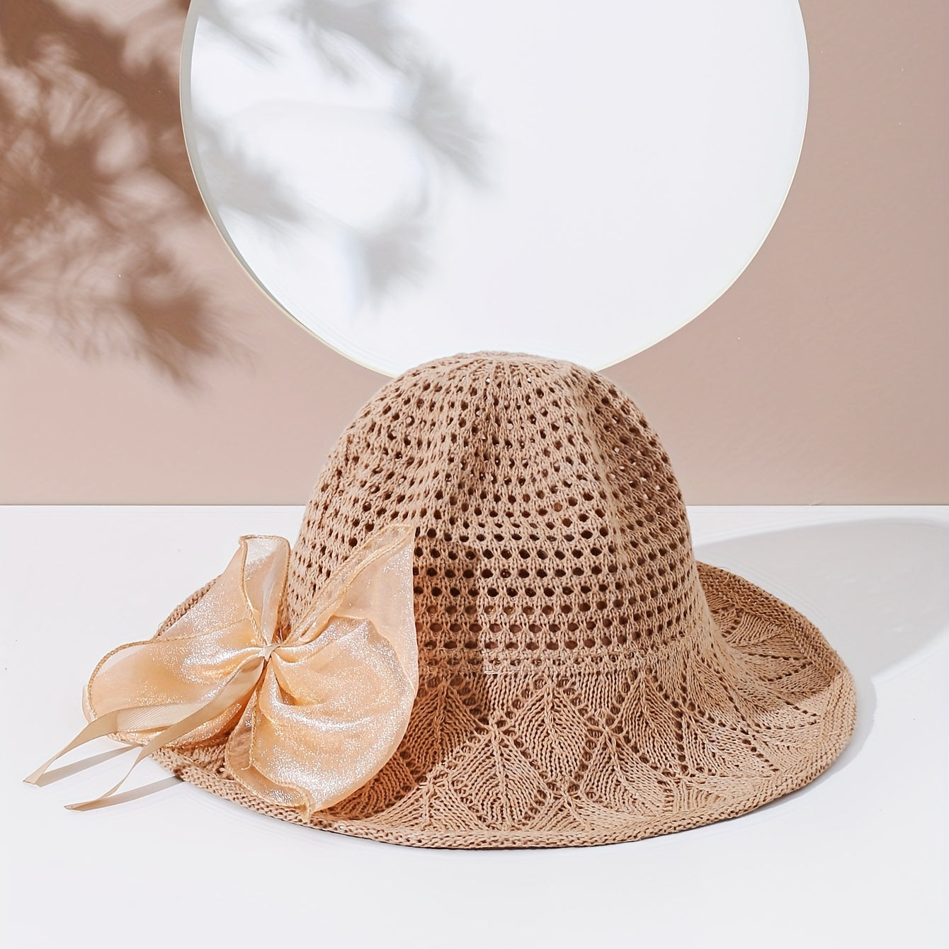 Khaki Hollow Out Sun Hat Ribbon Bowknot Summer Bucket Hat